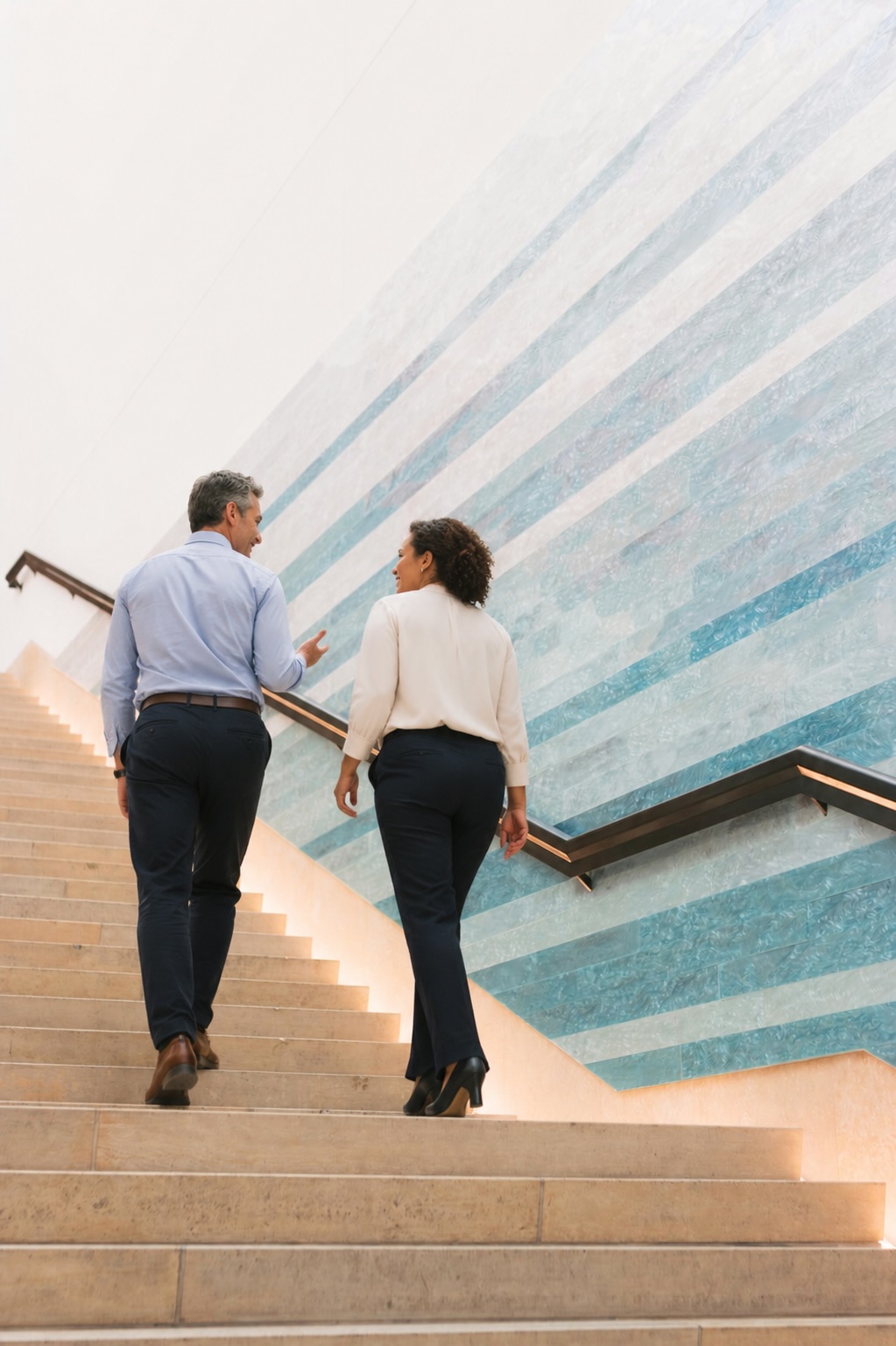 Two professionals in conversation walking up a staircase